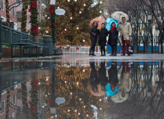 Three woman and one man under a set of umbrellas, posing by a christmas tree