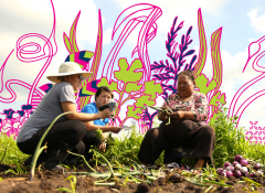 ArtCrop founder, Oskar, and HAFA staff, Yao, interview Soua Thao, Hmong Farmer on her farm lot, to learn about her story over a summer-long residency held at the Hmong American Farmers Association (HAFA) farm. (2017)