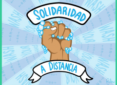 Image of a fist surrounded by soap bubbles with the words "Soliradidad" above it. "Solidarity"