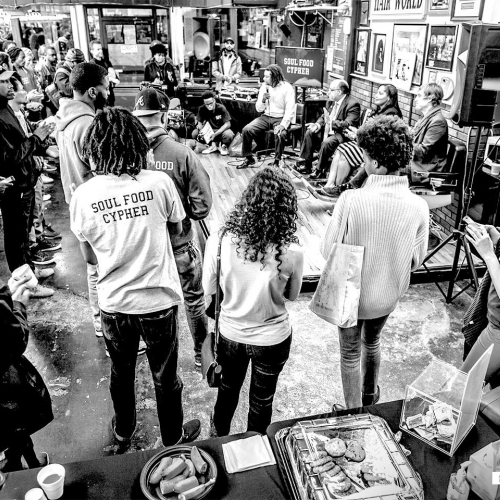 A black and white image of a Soul Food Cypher community members