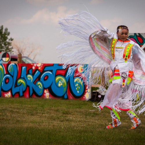 A Lakota teen dances at Cheyenne River Youth Project's inaugural RedCan graffiti jam in 2015. Photo credit Richard Steinberger.