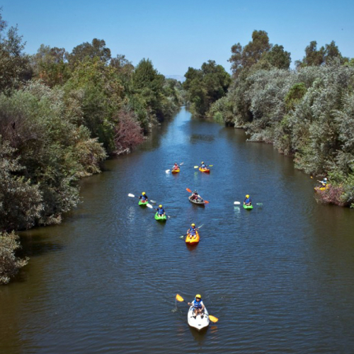 A river flanked by green trees, along it two kayaks can be seen