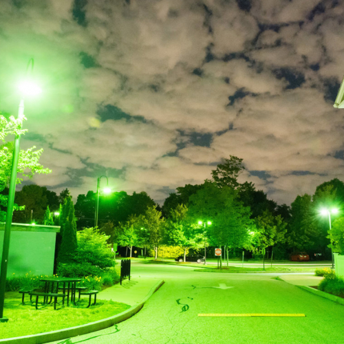 A suburban neighborhood at nigh, illuminated by green light