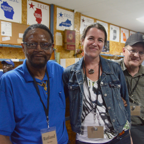 Inside the Eastern Kentucky Social Club: member Rutland Melton with Carrie Brunk and Robert Gipe.