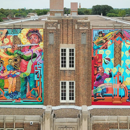 Colorful mural featuring several children playing games and music.