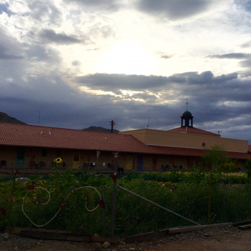 Bright sky over a building in the Sonoran Desert center