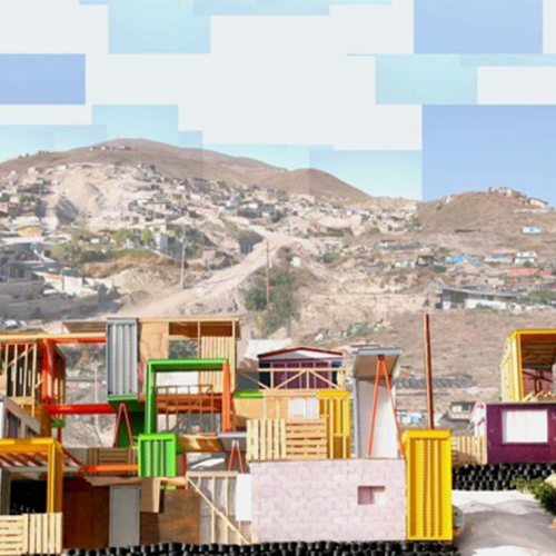 A pixelated image that resembles a painting of a border town