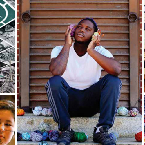 A collage of photos that include a young black man sitting on a step.