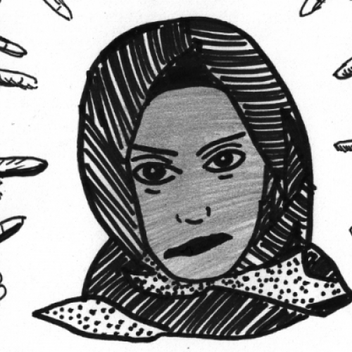 Illustration of a young muslim woman with many hands pointing in her direction