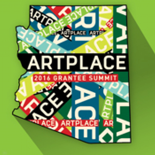 The outline of the state of Arizona with the words "ArtPlace" repeated over it. 