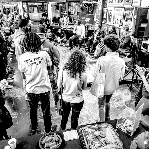 A black and white image of a Soul Food Cypher community members
