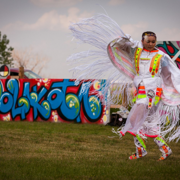 A Lakota teen dances at Cheyenne River Youth Project's inaugural RedCan graffiti jam in 2015. Photo credit Richard Steinberger.