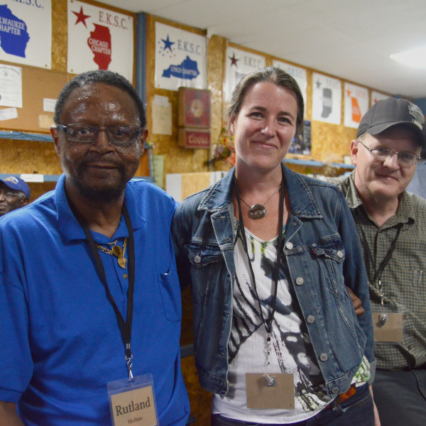 Inside the Eastern Kentucky Social Club: member Rutland Melton with Carrie Brunk and Robert Gipe.