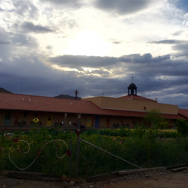 Bright sky over a building in the Sonoran Desert center