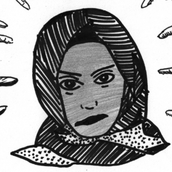 Illustration of a young muslim woman with many hands pointing in her direction